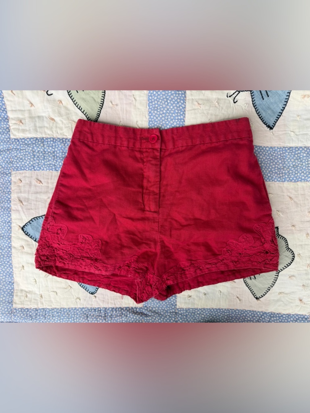 Ecote Red High-Waist Embroidered Hem Shorts